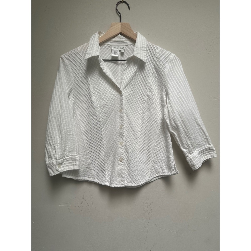 Coldwater Creek White Chevron Pleated 3/4 Sleeve Button Front Blouse PS
